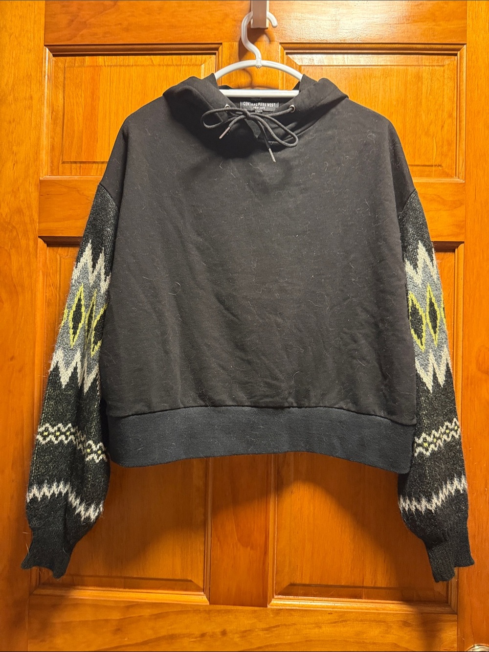 Central Park West Black Hooded Sweater with Patterned Sleeves